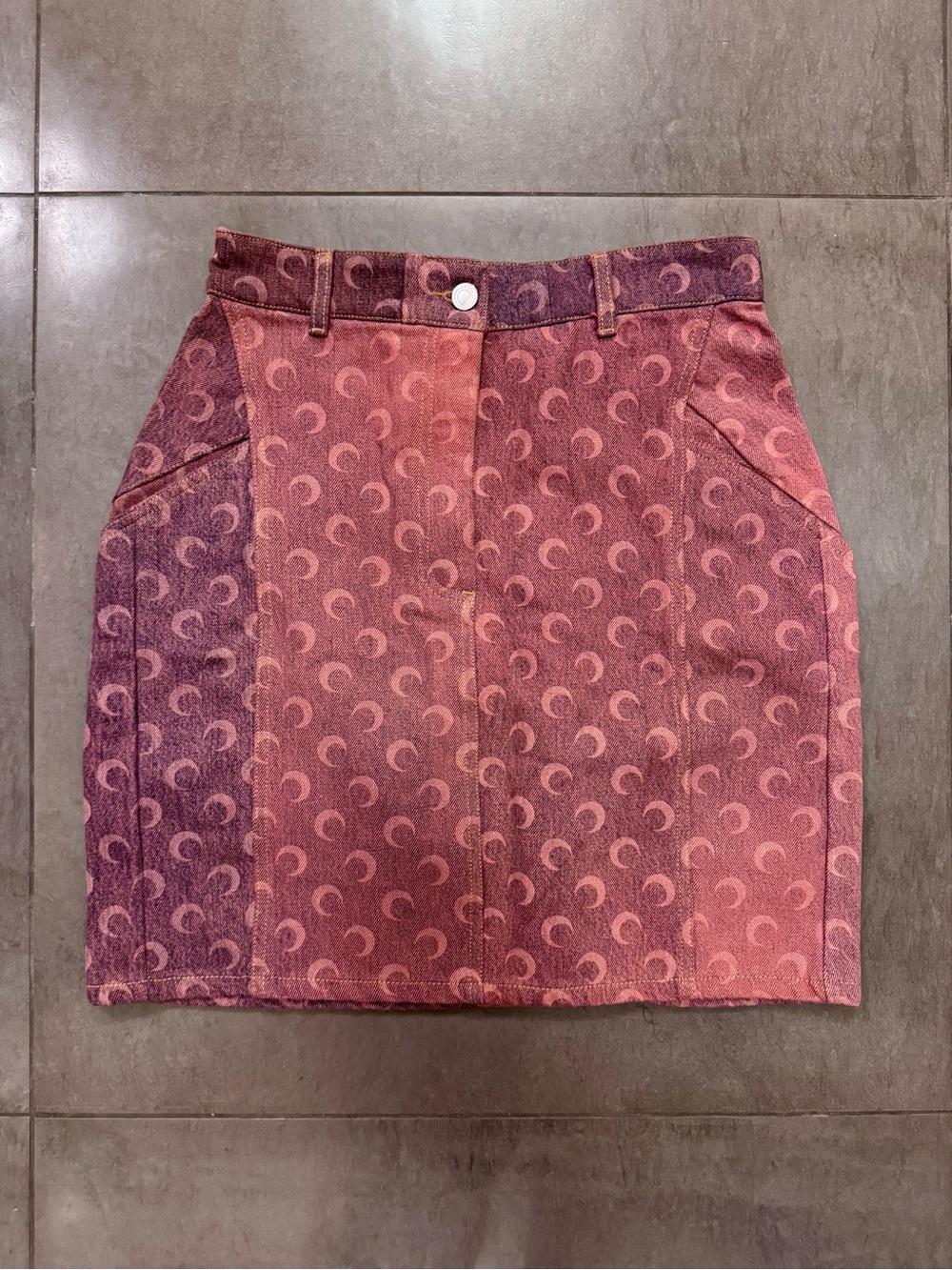 Marine Serre Moon Print Regenerated Denim Mini Skirt in Rose Pink, Size Medium